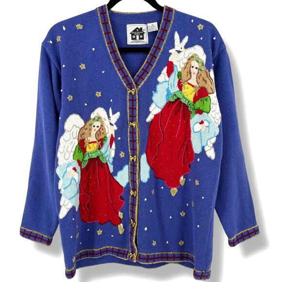 Storybook Knits Holiday Angel Cardigan Sweater Women's Sz M Gold Bow Buttons - Picture 1 of 6